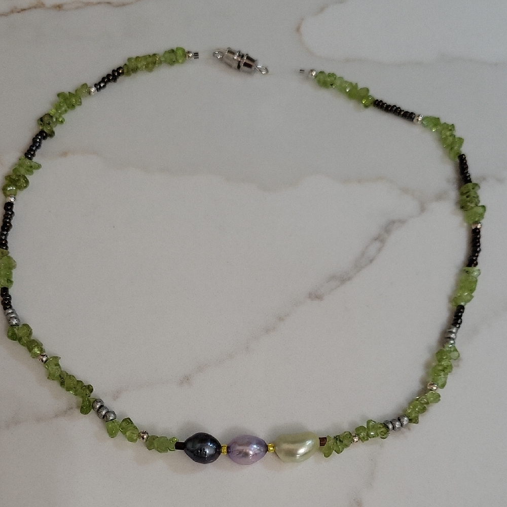 Elegant Green and Purple Beaded Necklace With 3 Freshwater Pearls.